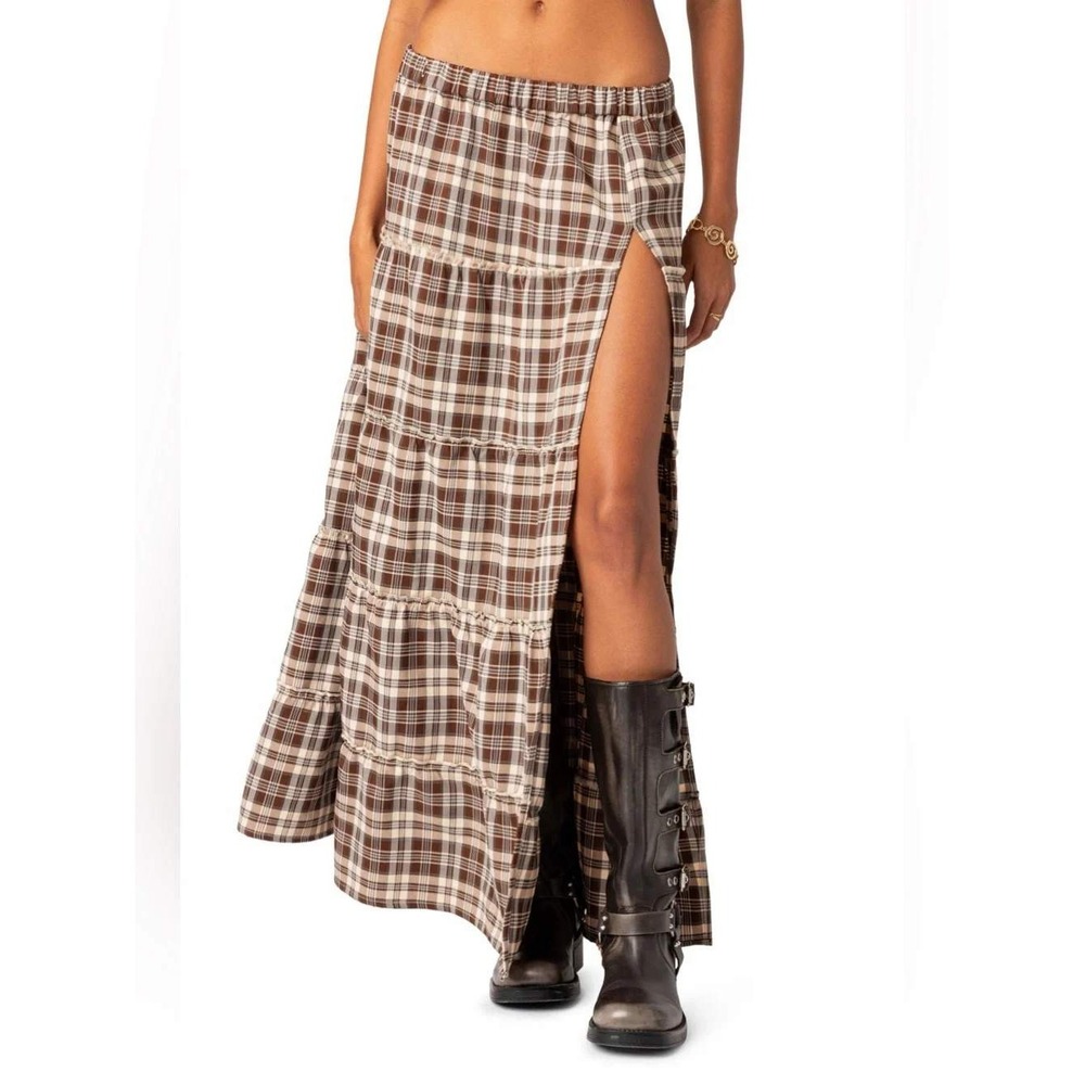 NWT Edikted Brown Plaid Tiered Maxi Skirt S14848 XS Elastic Waist High Slit
